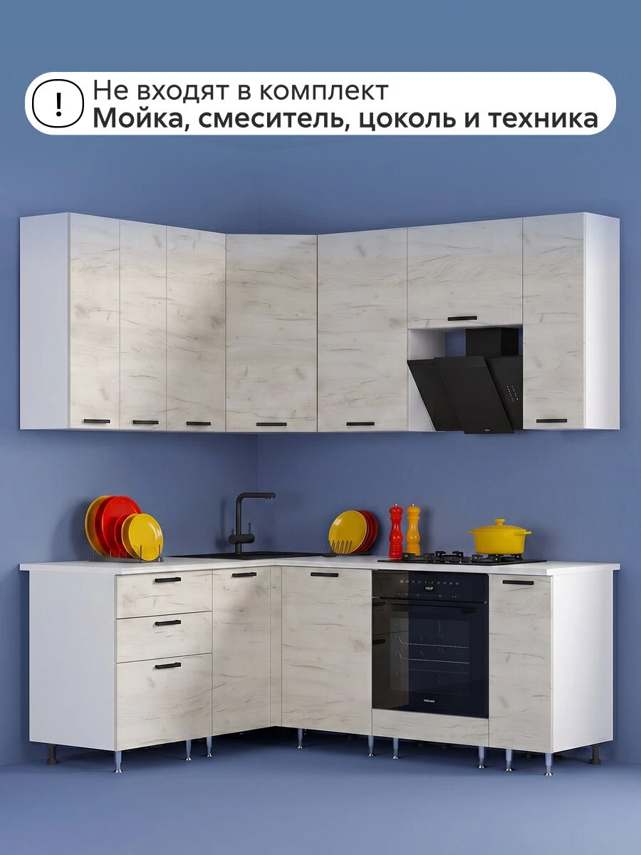 Модульная кухня угловая Ливта NEW №2, 1.6 х 2.0 м (дуб крафт белый)