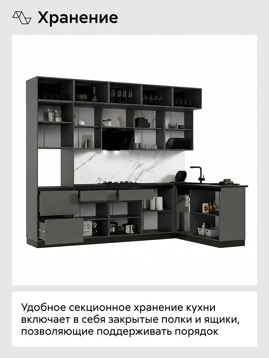 Кухонный гарнитур угловой Нонтон Техно-6, 300х180 см, графит софт new / графит / кастилло темный